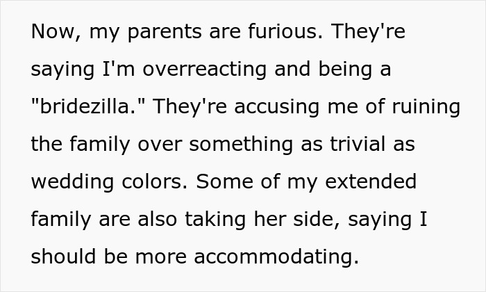 Text about family drama over wedding color scheme and accusations of being a "bridezilla. Text about family drama over wedding color scheme and accusations of being a "bridezilla.