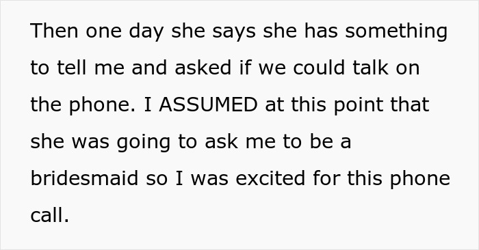 Text conversation about expecting to be a bridesmaid but not invited to the wedding. Text conversation about expecting to be a bridesmaid but not invited to the wedding.