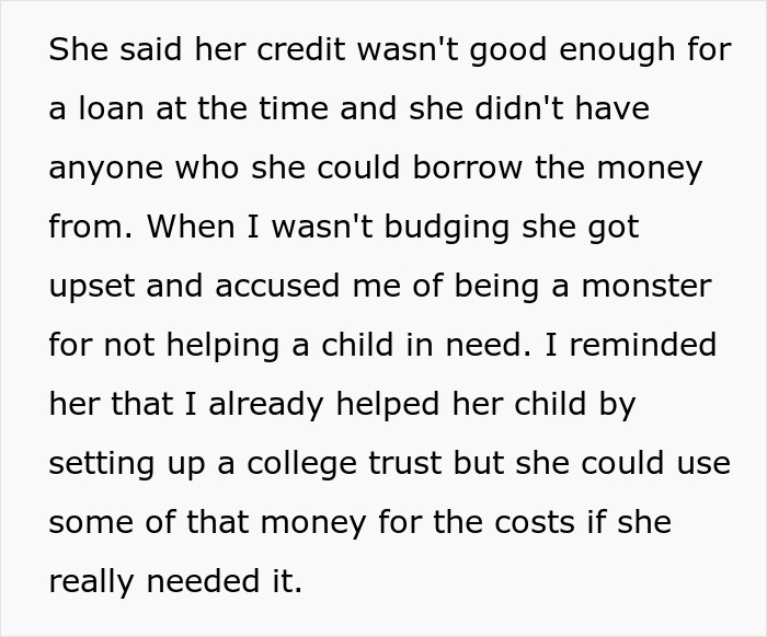 Text about woman refusing to fund husband's affair child's needs, deemed a 'monster' for not assisting further. Text about woman refusing to fund husband's affair child's needs, deemed a 'monster' for not assisting further.