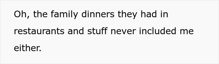 Text image about family dinners not including the teen, highlighting the teen refusing babysitter role. Text image about family dinners not including the teen, highlighting the teen refusing babysitter role.