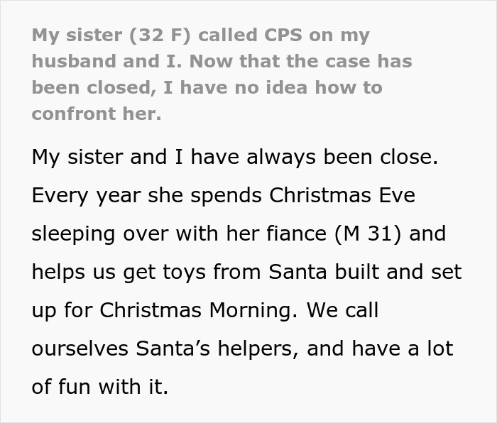 Text about a woman shocked after sister's secret call to CPS; reflects a feeling of betrayal and confusion. Text about a woman shocked after sister's secret call to CPS; reflects a feeling of betrayal and confusion.
