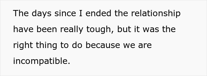 Text discussing the difficulty of ending a relationship due to incompatibility. Text discussing the difficulty of ending a relationship due to incompatibility.