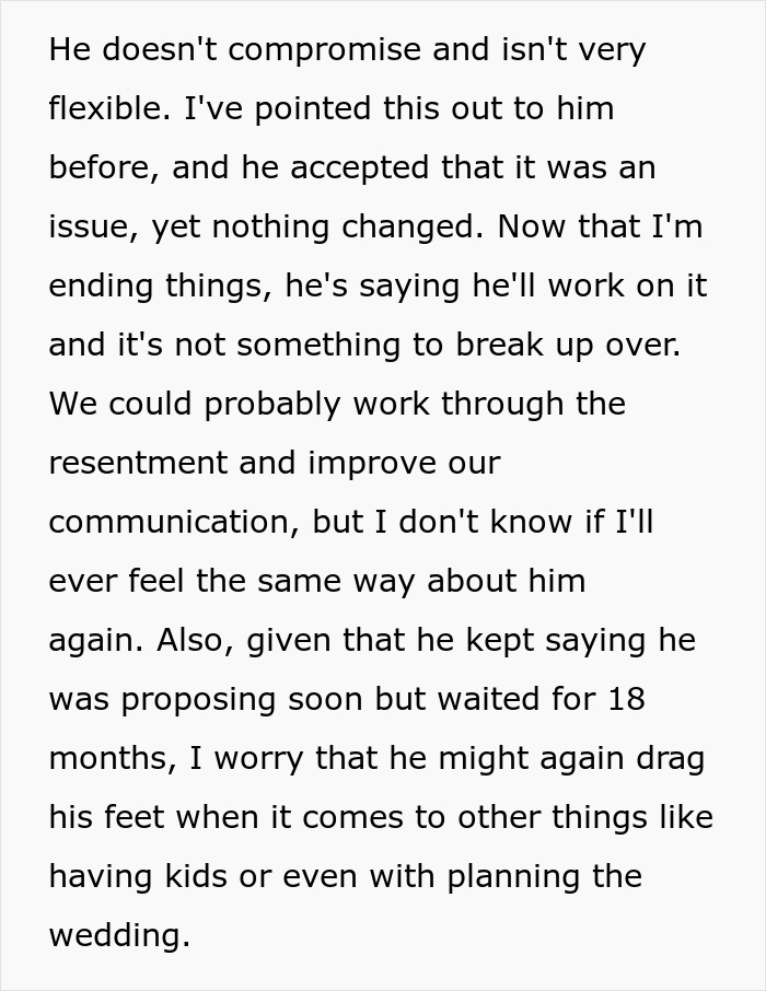 Text about relationship issues regarding compromise and a delayed ring proposal. Text about relationship issues regarding compromise and a delayed ring proposal.