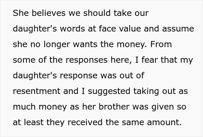 Text discussing daughter's resentment over sibling's lavish lifestyle funded by parents. Text discussing daughter's resentment over sibling's lavish lifestyle funded by parents.