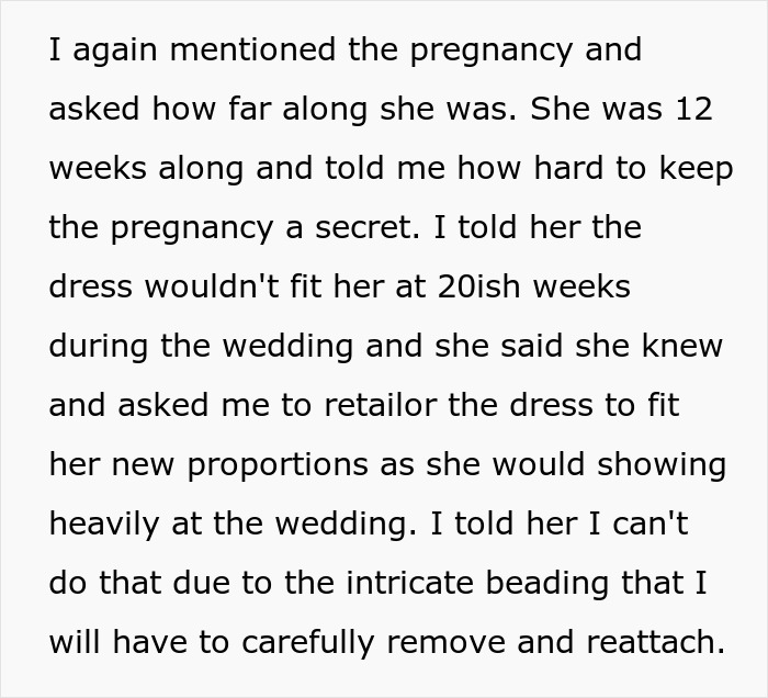 Bridal shop owner discusses wedding dress alterations due to pregnancy concerns. Bridal shop owner discusses wedding dress alterations due to pregnancy concerns.
