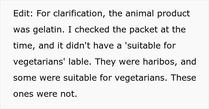 Text clarifying gelatin in snacks, some unsuitable for vegetarians. Text clarifying gelatin in snacks, some unsuitable for vegetarians.