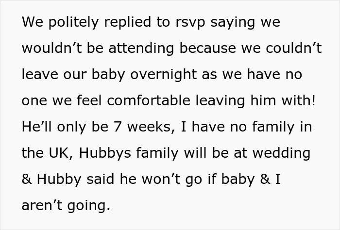 Text about family declining wedding invitation due to lack of babysitter for their 7-week-old baby. Text about family declining wedding invitation due to lack of babysitter for their 7-week-old baby.