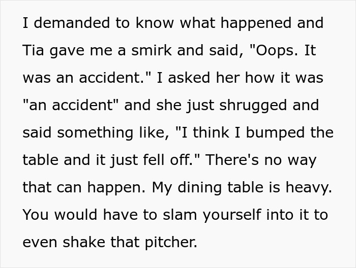Text from a story about a teen upset with her dad's new girlfriend and an accident with a dining table. Text from a story about a teen upset with her dad's new girlfriend and an accident with a dining table.