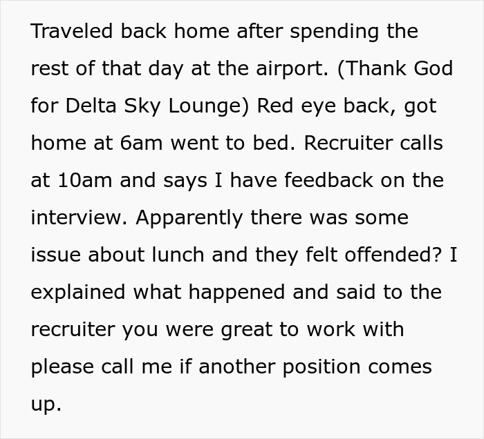 Text describes interview feedback with an issue about preferring to eat lunch in the office. Text describes interview feedback with an issue about preferring to eat lunch in the office.