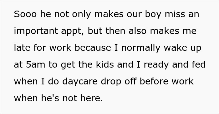 Text about husband’s incompetence causing missed appointments and issues with childcare and work. Text about husband’s incompetence causing missed appointments and issues with childcare and work.