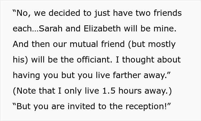 Text message explaining wedding arrangement, highlighting unexpected lack of bridesmaid invitation. Text message explaining wedding arrangement, highlighting unexpected lack of bridesmaid invitation.