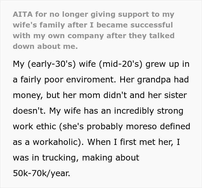 Text about a man criticized by in-laws, discusses his wife's background and his trucking job before business success. Text about a man criticized by in-laws, discusses his wife's background and his trucking job before business success.