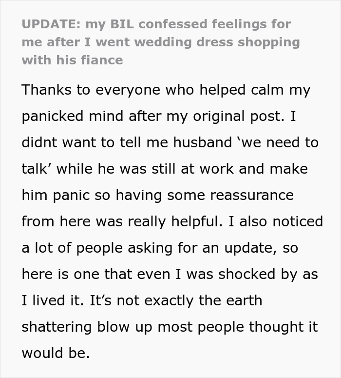 Text message about wedding dress shopping and unexpected confession from brother-in-law. Text message about wedding dress shopping and unexpected confession from brother-in-law.