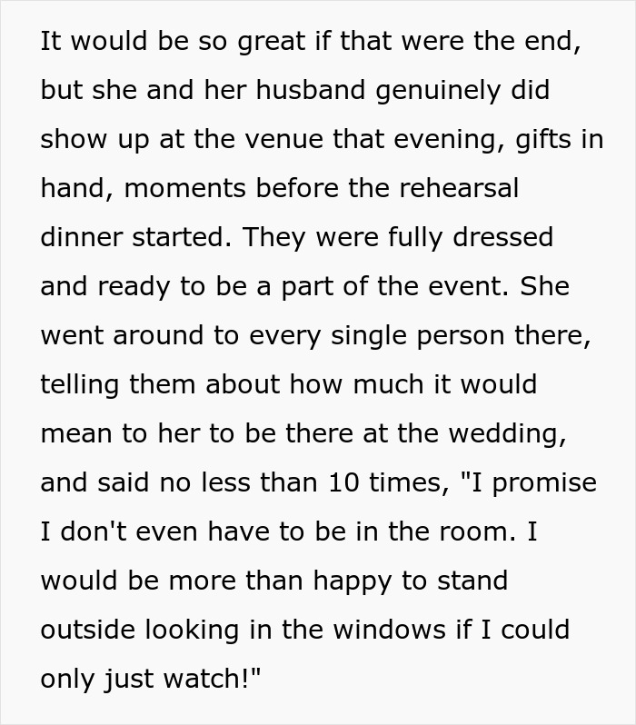 Text discussing a woman's determined attempts to be a part of a wedding rehearsal dinner event. Text discussing a woman's determined attempts to be a part of a wedding rehearsal dinner event.