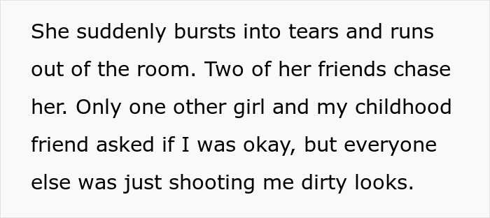 Text about a woman’s emotional reaction and friends leaving, related to a conversation on body size. Text about a woman’s emotional reaction and friends leaving, related to a conversation on body size.