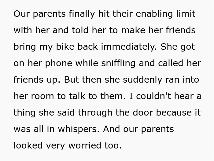 Text about a disagreement where a woman takes and discards a brother's bike. Parents intervene and demand the bike's return. Text about a disagreement where a woman takes and discards a brother's bike. Parents intervene and demand the bike's return.