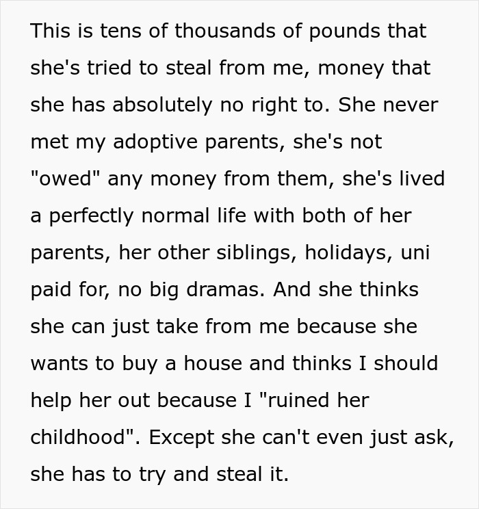 Text discussing a woman upset about her sister stealing from her trust fund, describing feelings of betrayal. Text discussing a woman upset about her sister stealing from her trust fund, describing feelings of betrayal.