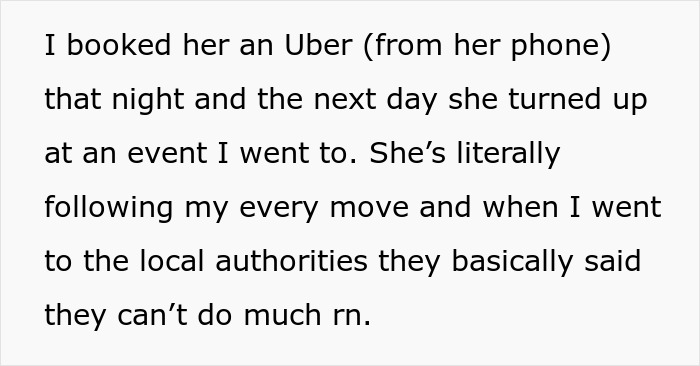 Text describing a woman's intentions to restart a friendship by joining an ex-friend's trip, with authorities unable to assist. Text describing a woman's intentions to restart a friendship by joining an ex-friend's trip, with authorities unable to assist.