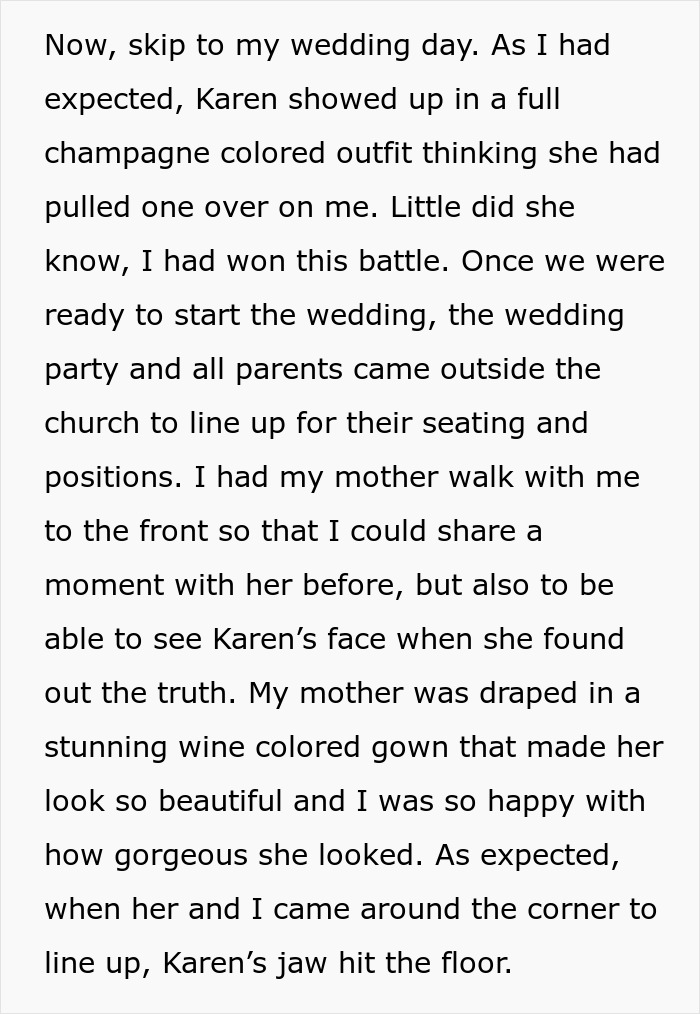Text about wedding day where stepmom's champagne outfit blends with napkins, unexpected surprise for her. Text about wedding day where stepmom's champagne outfit blends with napkins, unexpected surprise for her.