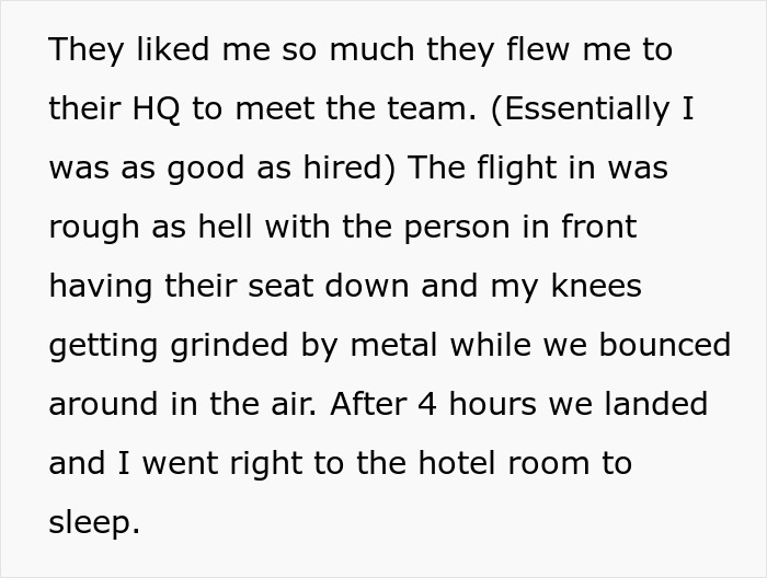 Text screenshot about a rough flight experience to a company HQ meeting. Text screenshot about a rough flight experience to a company HQ meeting.
