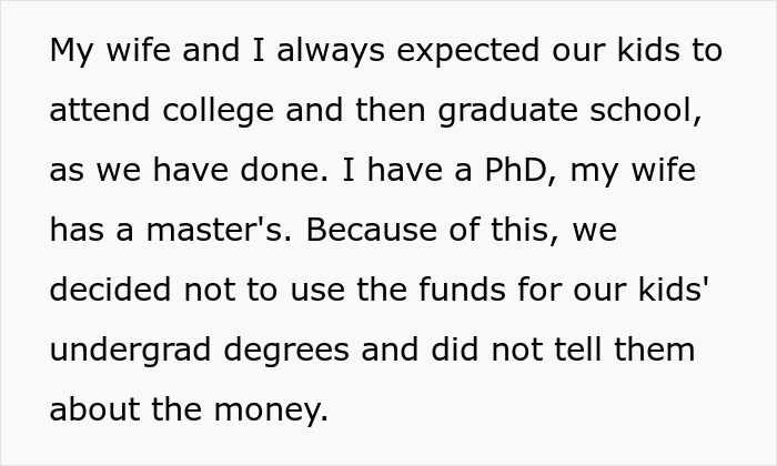 Text discussing family decisions about college funding and saving money for education. Text discussing family decisions about college funding and saving money for education.