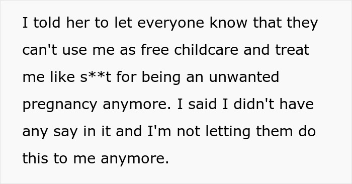 Teen refuses free childcare, asserts independence from family expectations. Teen refuses free childcare, asserts independence from family expectations.