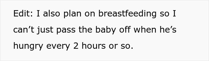 Text discussing breastfeeding plans impacting availability for sister's wedding participation. Text discussing breastfeeding plans impacting availability for sister's wedding participation.