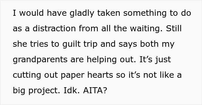 Text from daughter discussing mom's guilt-trip about post-delivery wedding help, questioning if she's wrong. Text from daughter discussing mom's guilt-trip about post-delivery wedding help, questioning if she's wrong.