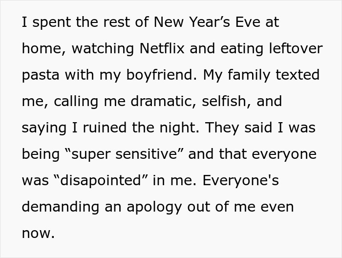 Text describing family New Year's Eve drama with a focus on conflict and emotions. Text describing family New Year's Eve drama with a focus on conflict and emotions.