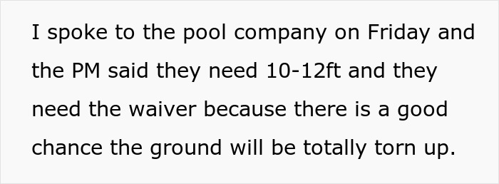Text about neighbors needing a waiver due to yard construction by a pool company. Text about neighbors needing a waiver due to yard construction by a pool company.