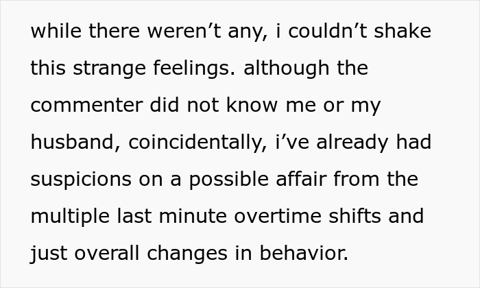 Text expressing suspicions about a spouse's affair after online jokes about stains left by a mistress. Text expressing suspicions about a spouse's affair after online jokes about stains left by a mistress.