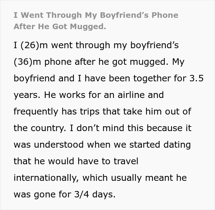 Text recounts a man discovering his boyfriend's infidelity after checking his phone. Text recounts a man discovering his boyfriend's infidelity after checking his phone.