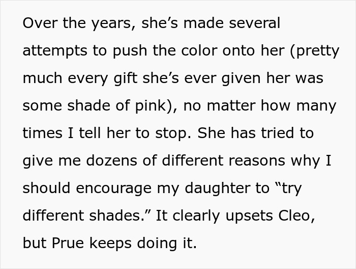 Text expressing frustration over unwanted pink-themed gifts and attempts to push the color onto a child. Text expressing frustration over unwanted pink-themed gifts and attempts to push the color onto a child.