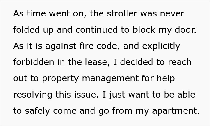 Text about neighbor's stroller blocking door and being against fire code. Text about neighbor's stroller blocking door and being against fire code.