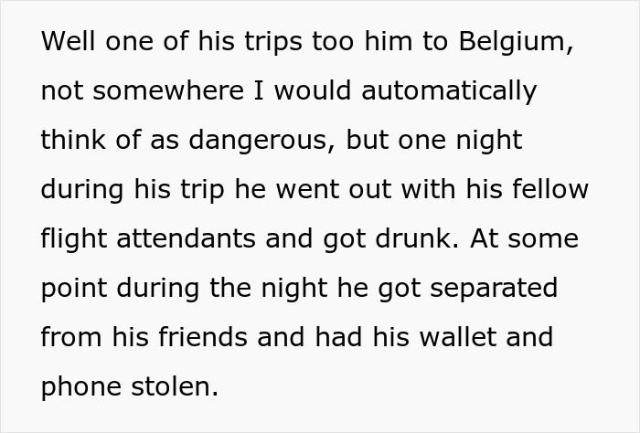 Text reveals details of a man's trip to Belgium where he lost his wallet and phone. Text reveals details of a man's trip to Belgium where he lost his wallet and phone.