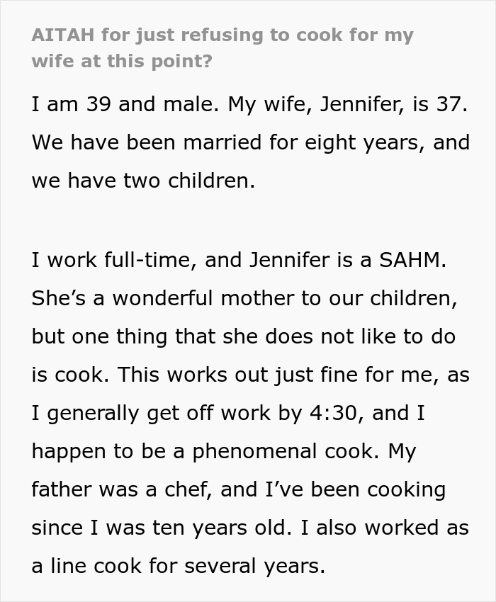 Text discussing household roles and cooking responsibilities in a marital relationship. Text discussing household roles and cooking responsibilities in a marital relationship.