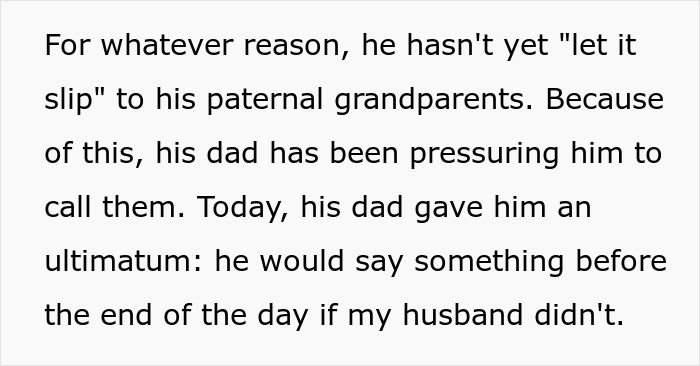 Text on keeping pregnancy private as father pressures son to notify grandparents. Text on keeping pregnancy private as father pressures son to notify grandparents.