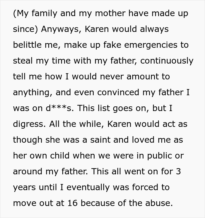 Text describing troubling family dynamics, including stepmom's actions and eventual reconciliation. Text describing troubling family dynamics, including stepmom's actions and eventual reconciliation.