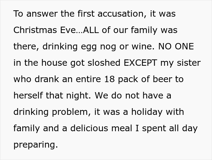 Text about a woman describing a holiday meal and family drinking, mentioning a sister drinking excessively. Text about a woman describing a holiday meal and family drinking, mentioning a sister drinking excessively.