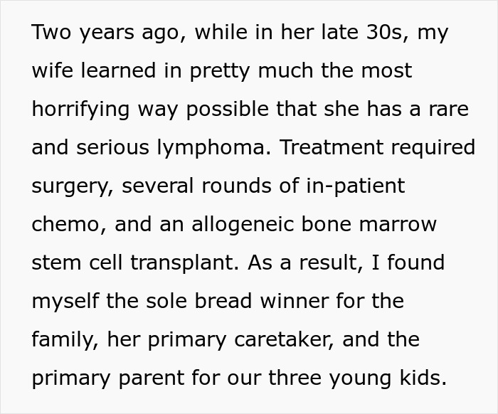 Text describing a man's role after his wife's rare lymphoma diagnosis and treatment. Text describing a man's role after his wife's rare lymphoma diagnosis and treatment.
