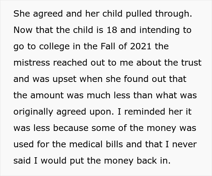 Text discussing a woman explaining the reduced funds in a child's trust used for medical bills. Text discussing a woman explaining the reduced funds in a child's trust used for medical bills.