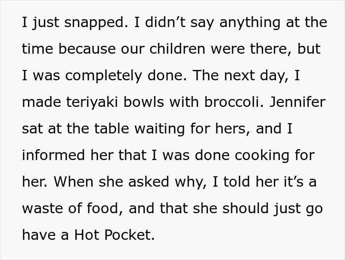 Text about husband-wife cooking drama with a discussion about teriyaki bowls and Hot Pockets. Text about husband-wife cooking drama with a discussion about teriyaki bowls and Hot Pockets.