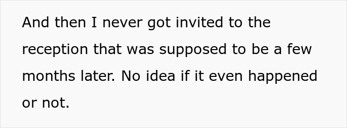 Text expressing surprise about not being invited to a wedding reception. Text expressing surprise about not being invited to a wedding reception.