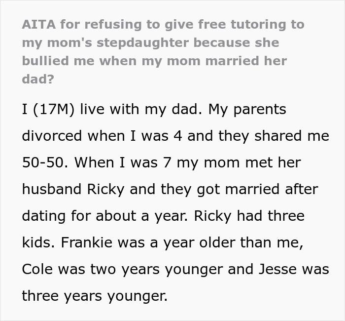 Text describing a teen's experience with bullying by his mom’s stepkid. Text describing a teen's experience with bullying by his mom’s stepkid.
