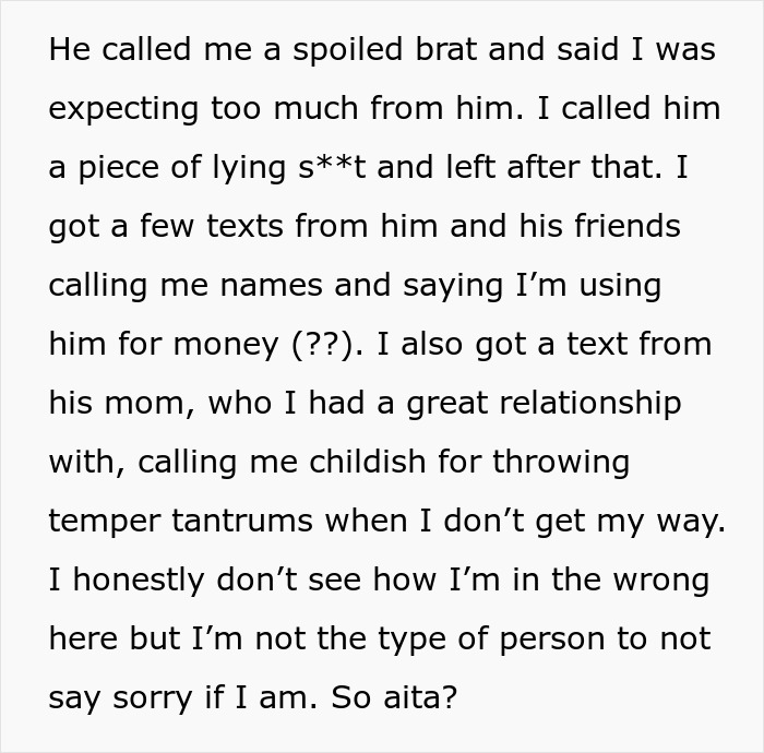 Text exchange where GF is called a spoiled brat and BF a liar, discussing birthday perfume argument. Text exchange where GF is called a spoiled brat and BF a liar, discussing birthday perfume argument.