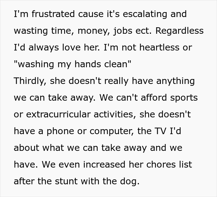 Text detailing a parent's frustration with husband-daughter responsibility, lacking resources and discipline options. Text detailing a parent's frustration with husband-daughter responsibility, lacking resources and discipline options.