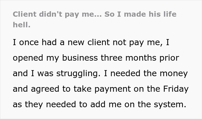 Text on image about an unpaid client and revenge over eight years. Text on image about an unpaid client and revenge over eight years.