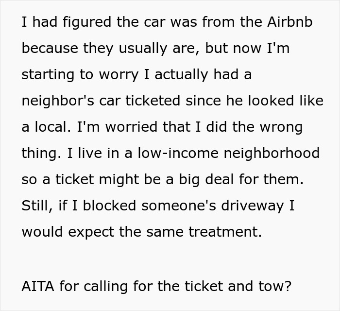 Text about a car blocking a driveway and concerns about ticketing in a low-income neighborhood. Text about a car blocking a driveway and concerns about ticketing in a low-income neighborhood.