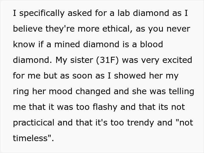 Text discussing lab diamonds and a sister's reaction to a flashy ring. Text discussing lab diamonds and a sister's reaction to a flashy ring.