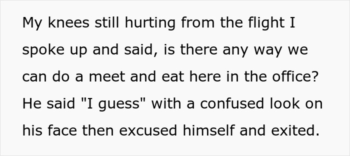 Text about a potential employee preferring to eat lunch in the office. Text about a potential employee preferring to eat lunch in the office.